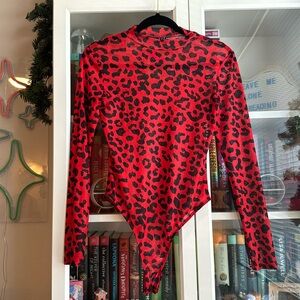 SHEER RED LEOPARD PRINT BODYSUIT FROM WINDSOR SIZE MEDIUM